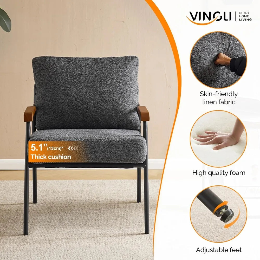 Mid-Century Modern Accent Armchiar for Small Space, Small Comfy Upholstered Leisure Reading Chair with Wood Armrest for B