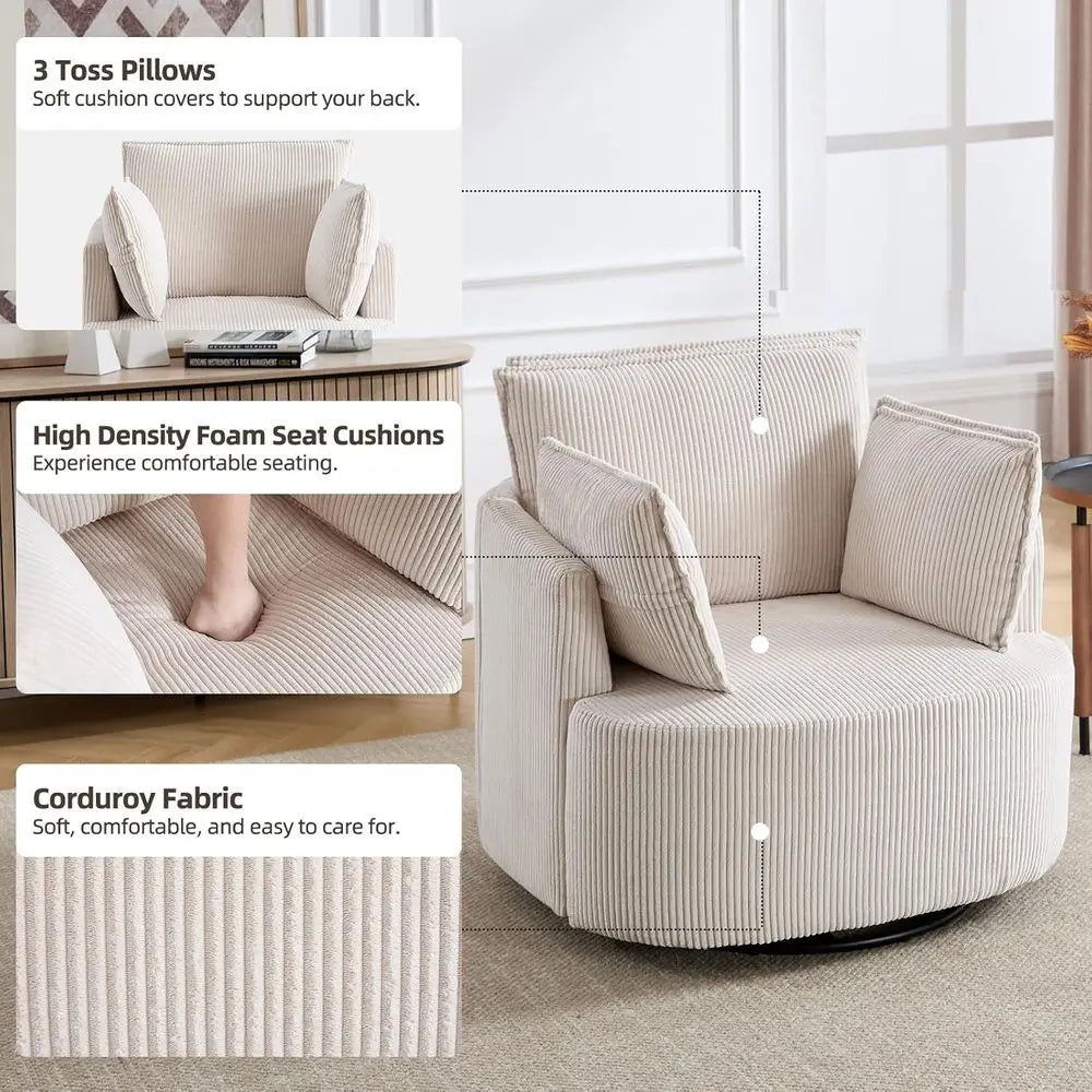 360° Swivel Barrel Chair with 3 Pillows, Corduroy Accent Armchair for Living Spaces, Beige