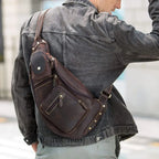 Full Grain Leather Cross Body Sling Bag Chest Bag Backpack Outdoor Camping Tactical Daypack