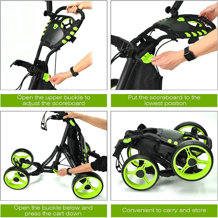 Height Adjustable Portable Golf Push Cart with Umbrella Holder Waterproof Bag Built-in Cooler Foot Brake for Easy Transport and
