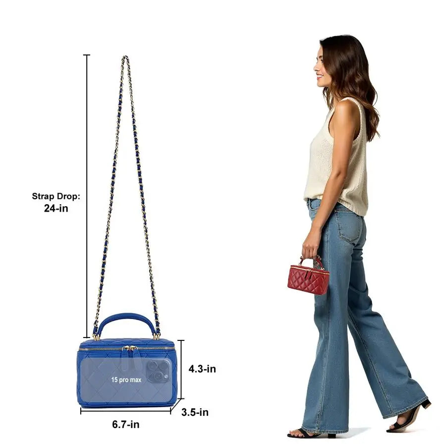 Genuine Leather Purse Quilted Crossbody Bag for Women, Mini TopHandle Shoulder Handbag w Gold Chain Strap