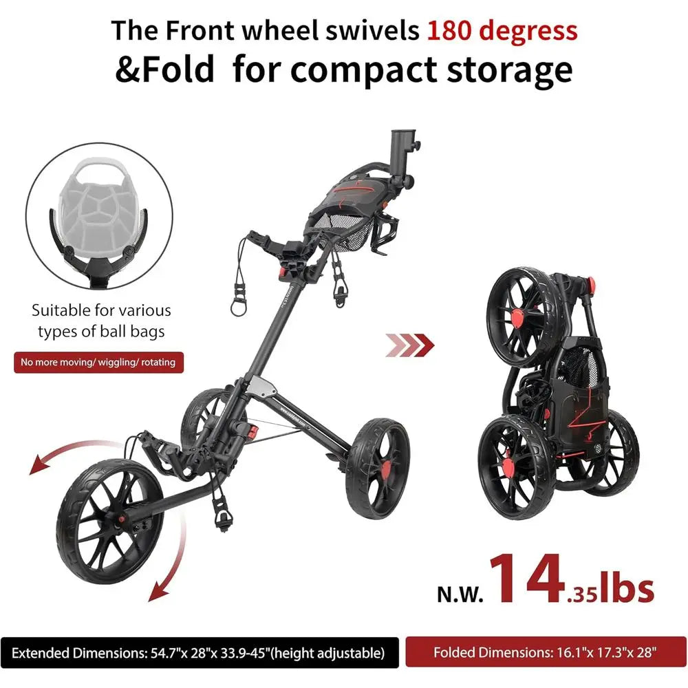 15.3 Lightweight Foldable Golf Push Cart with EVA Wheels, Foot Brake, Adjustable Handle, Umbrella and Drink Holders, Scorecard S