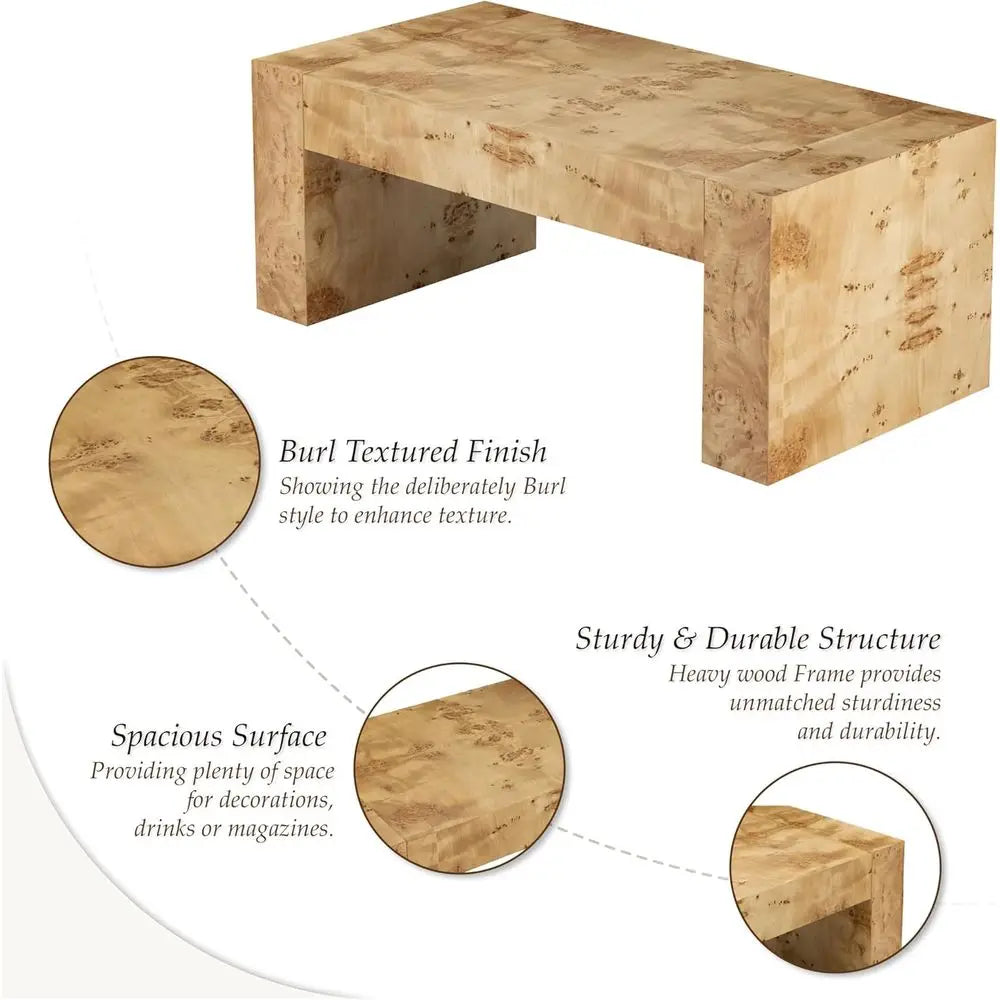 Elegant Thick-Legged Burl Wood Coffee Table, Perfect for Living Rooms, Sturdy and Chic, Suitable for Modern or Traditional Home