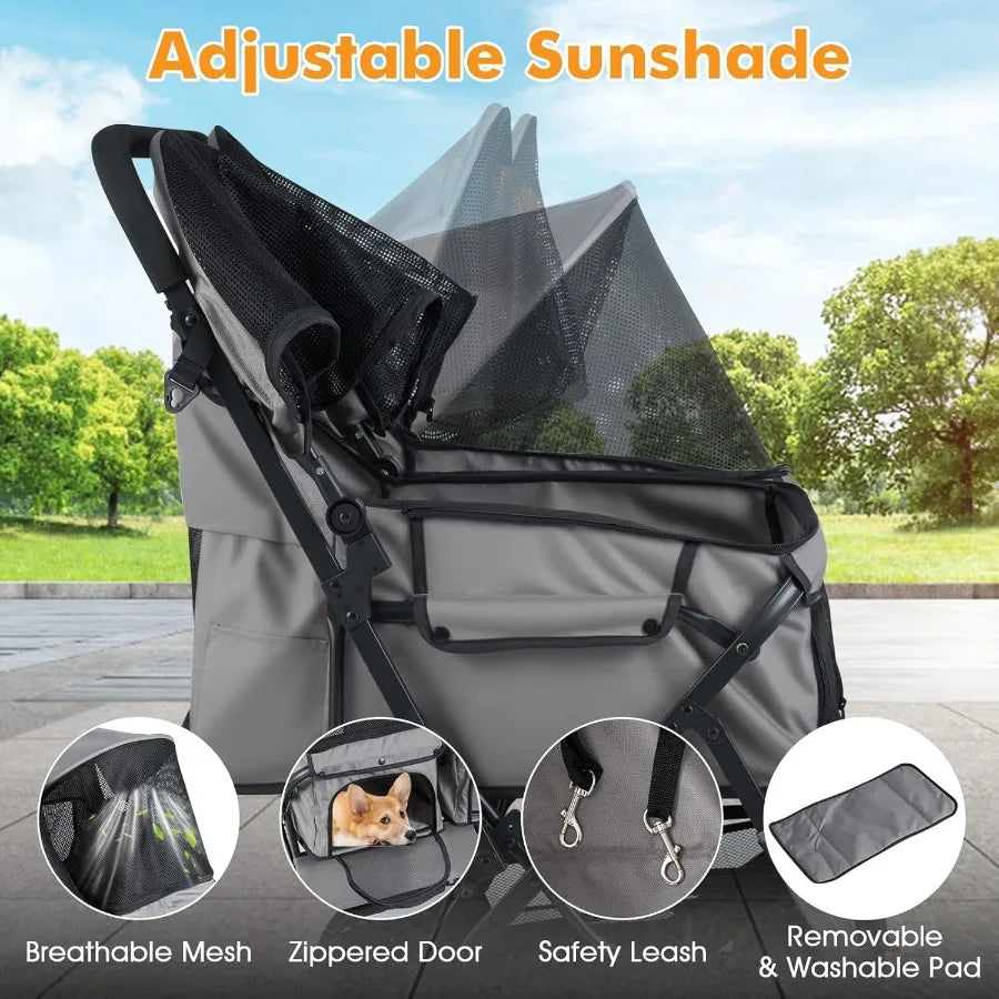 Double Pet Stroller Foldable Double Dog Stroller with 2-Seater Carrier Adjustable Sunshade Removable Pad Safety Belt Storage Ba