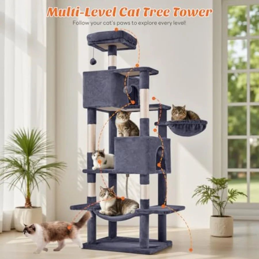 Large 66 Inch Multi-Level Cat Tree Tower with Condo Perches Sisal Scratching Posts Hammock and Dangling Balls for Indoor Cats D