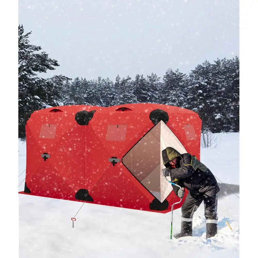 Portable Insulated Ice Fishing Tent - Windproof & Warm, 6-8 Person, Red, 6x11.7x6.6 ft