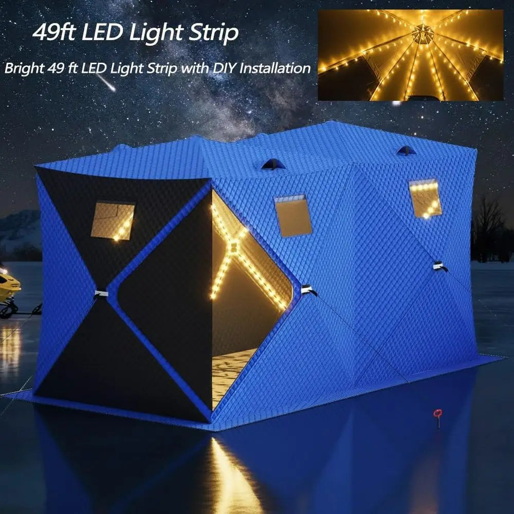 4-8 Person Insulated Ice Fishing Tent with 49 LED Light, Waterproof & Portable with 2 Doors, Anchors, Ropes & Carry Bag