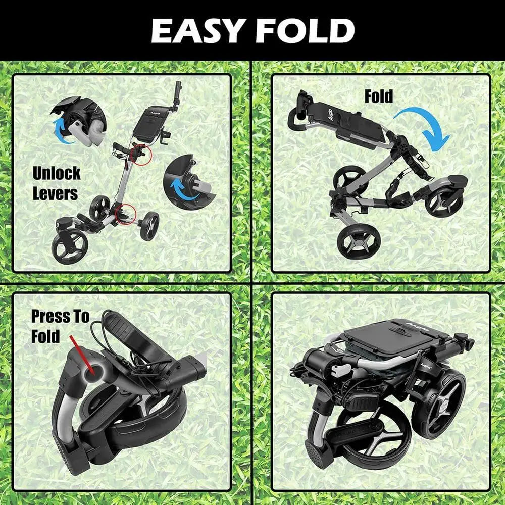 Ultra-Lightweight 3-Wheel Golf Caddy with 360° Swivel Front Wheel, Foldable Design, Dual Brake System, Large Storage Bin, and Cu