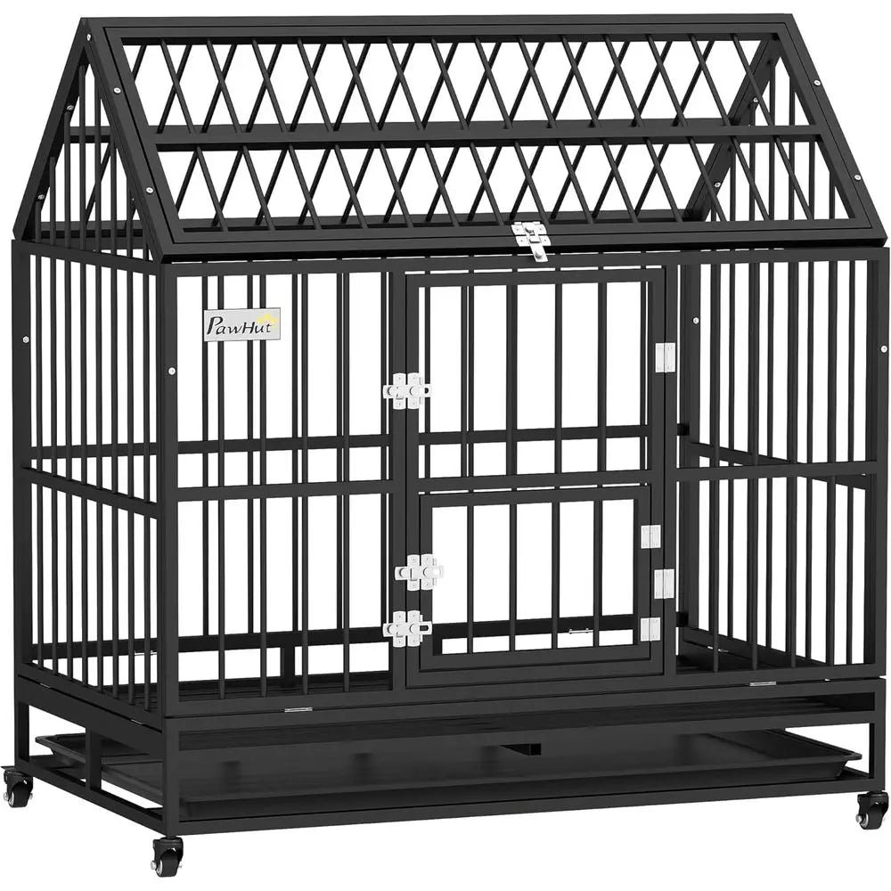 48 Inch Heavy-Duty Steel Dog Crate with Lockable Wheels, Removable Tray, and Double Doors for Large Breeds