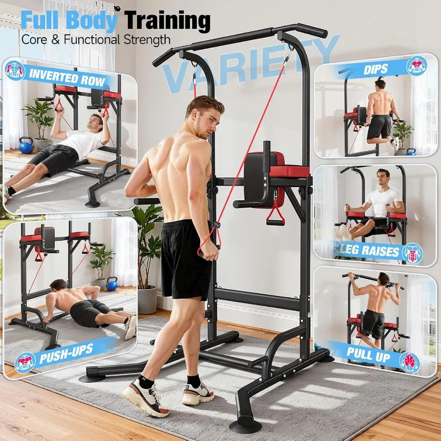 Power Tower Pull Up Bar Station for Home Gym Strength 450LBS Pull Up Dip Station Assistive Trainer Height Adjustable with Elast