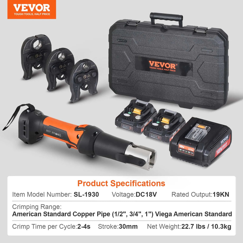 SucceBuy Pro Press Tool 18V Electric Pipe Crimping Tool for 1/2" 3/4" 1" Copper Pipes Press Tool Kit with 3 Jaws 2Pcs Battery