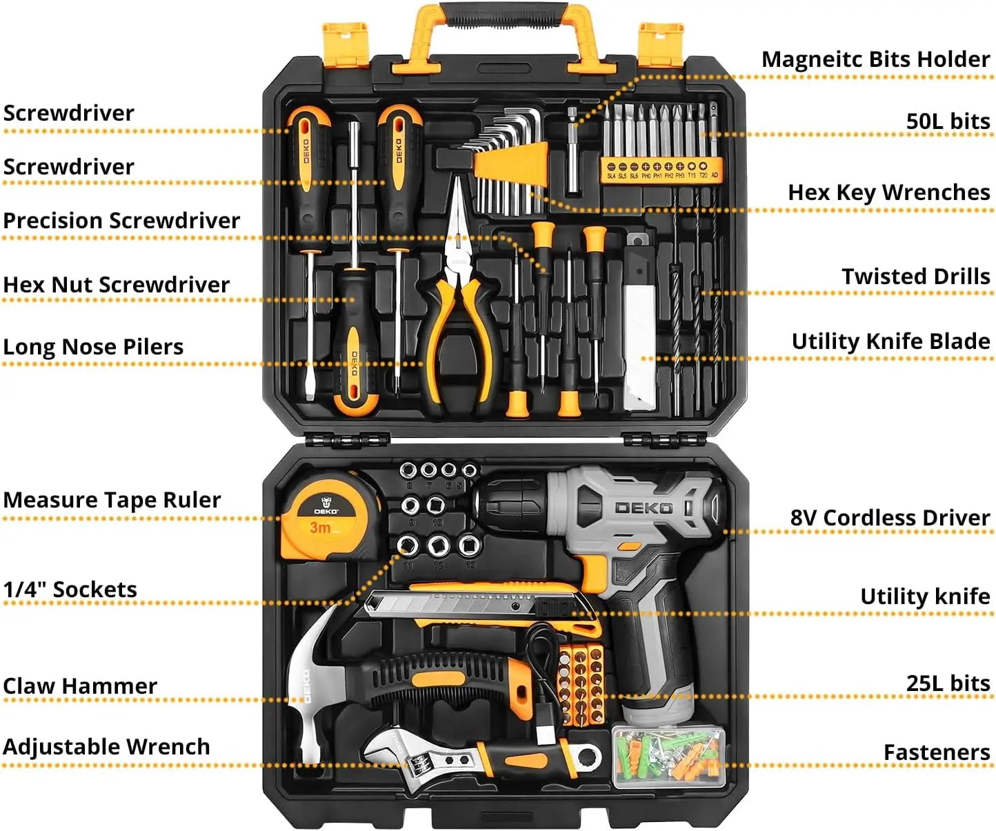 8V Cordless Drill Tool Kit, 126-Piece Home Repair Set for Men & Women, Handyman DIY Tools in Box
