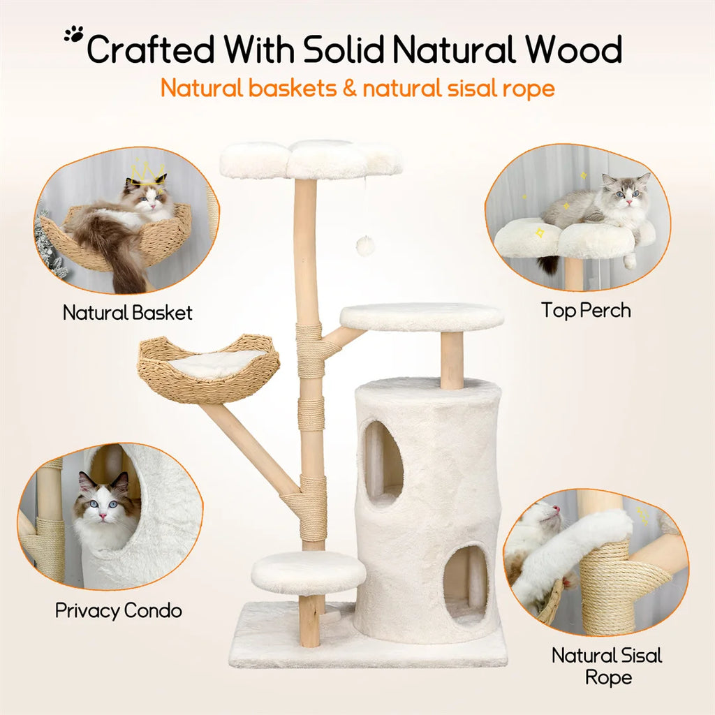 Indoor Cat Tower Tree: 56” Tall Multi-Level Vertical Cat Tree Activity Tower for Multi-cat Households, Cat Furniture with Flowe