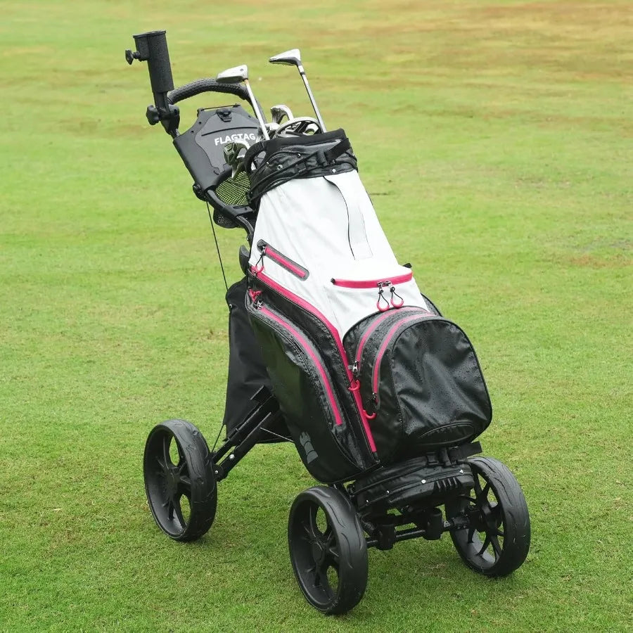 Golf Push Cart 4-WheelsFolding Golf Cart Golf Pull cart with Cup Holder Umbrella Holder Cooler Bag Foldable with one-Click Hand