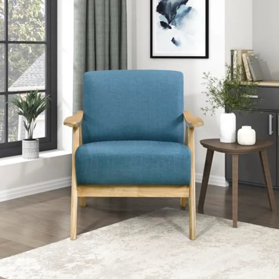 Mid Century Modern Accent Chair with Solid Wood Frame in Natural Finish Textured Fabric Living Room Lounge Arm Chair Thick and