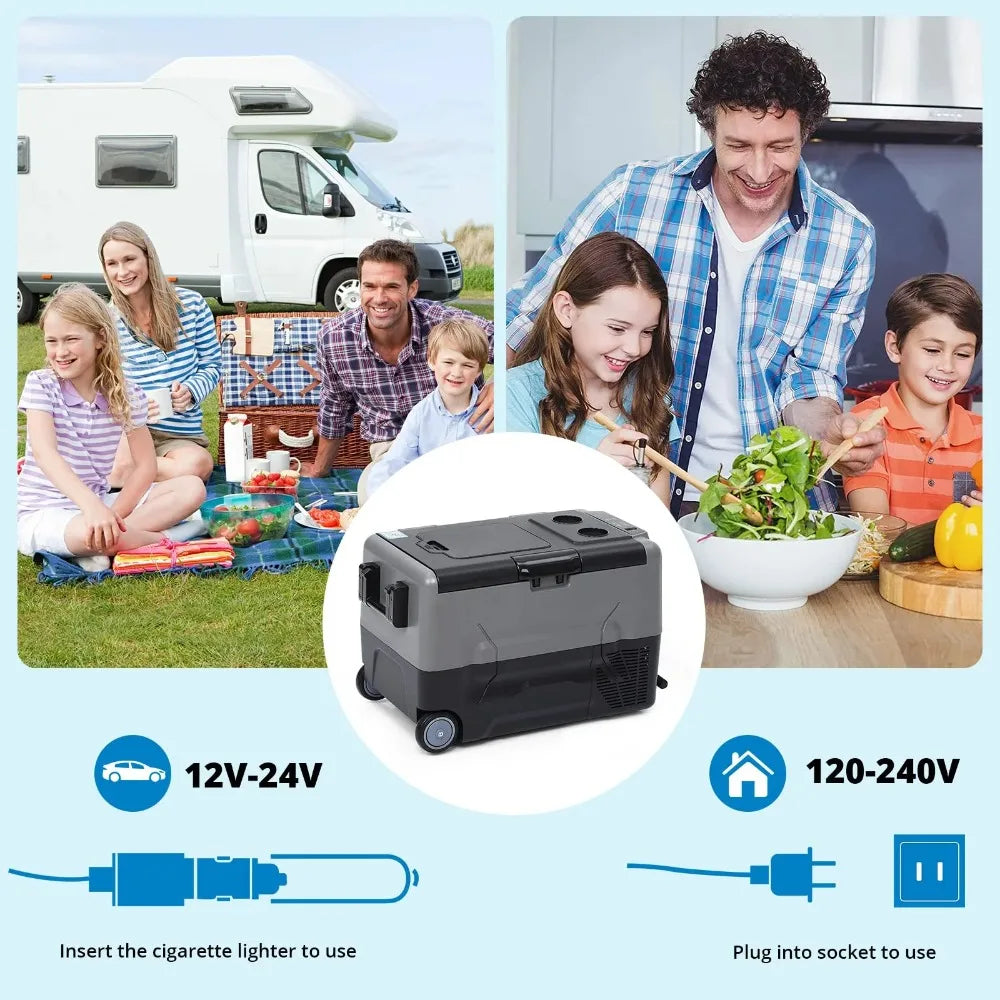 12 volt car refrigerator with movable wheels, 48 quart (45 liter) portable freezer,equipped with 12/24V DC and 110-240V AC power