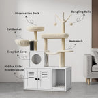 Cat Tree with Litter Box Enclosure,Cat Tower for Indoor Cats Wood Cat Condo with Scratching Post,Dangling Balls,Cat Backet Perch