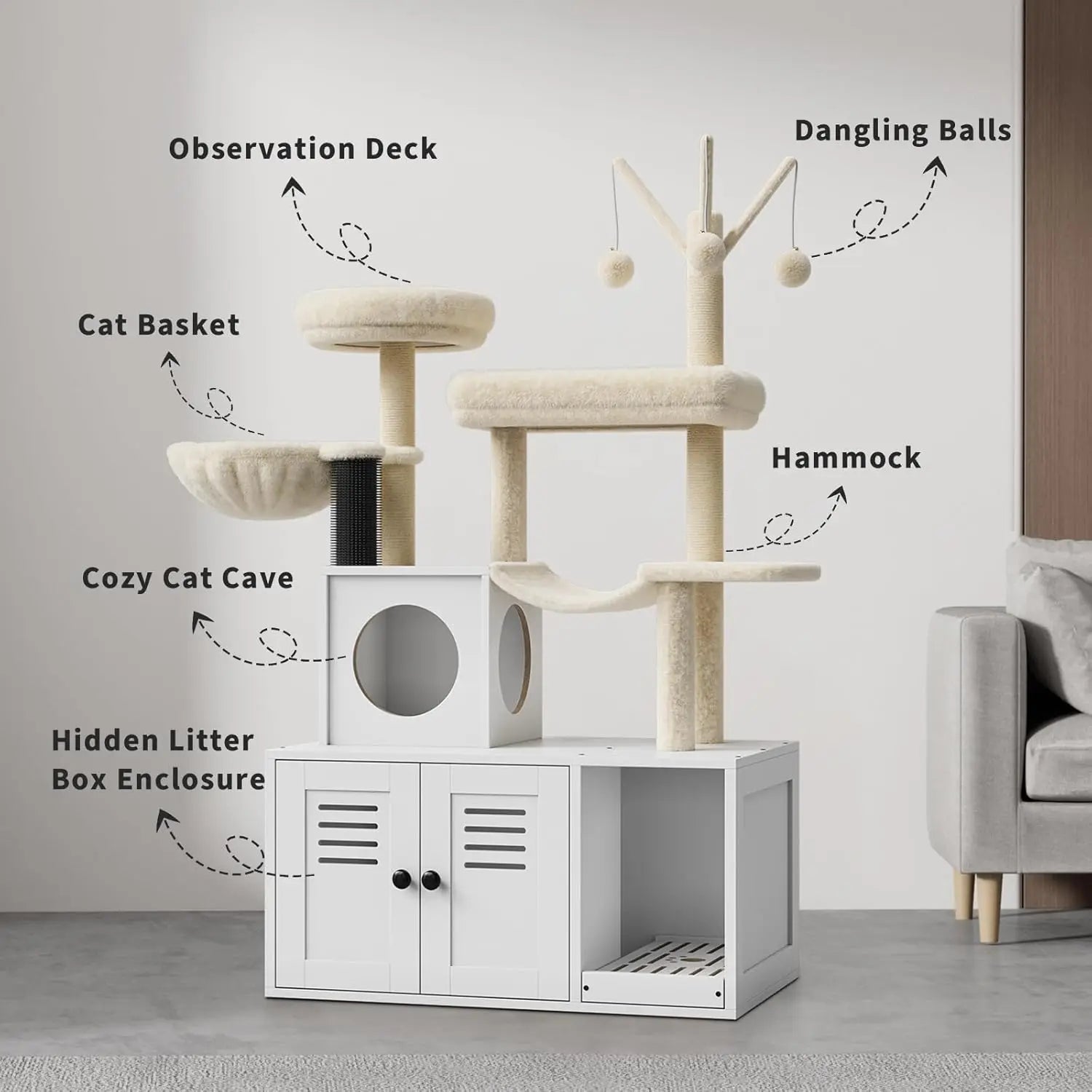 Cat Tree with Litter Box Enclosure,Cat Tower for Indoor Cats Wood Cat Condo with Scratching Post,Dangling Balls,Cat Backet Perch