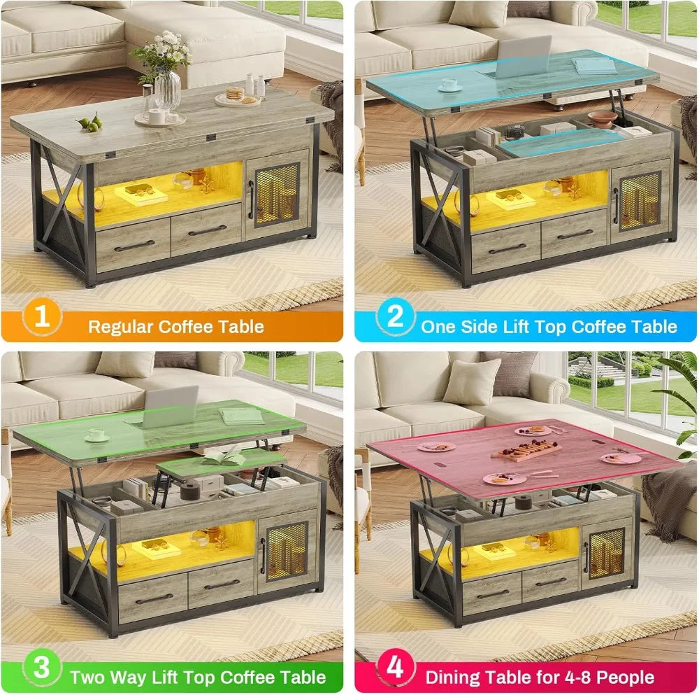 40" Lift Top Coffee Table with Storage, LED Light, 4-in-1 Design for Living Room & Dining Room