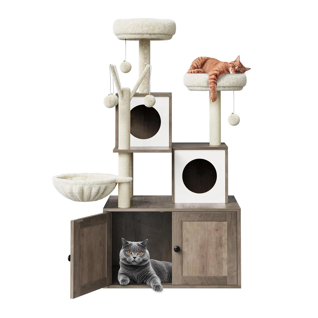 Cat Tree with Litter Box Enclosure,Cat Tower for Indoor Cats Wood Cat Condo with Scratching Post,Dangling Balls,Cat Backet Perch