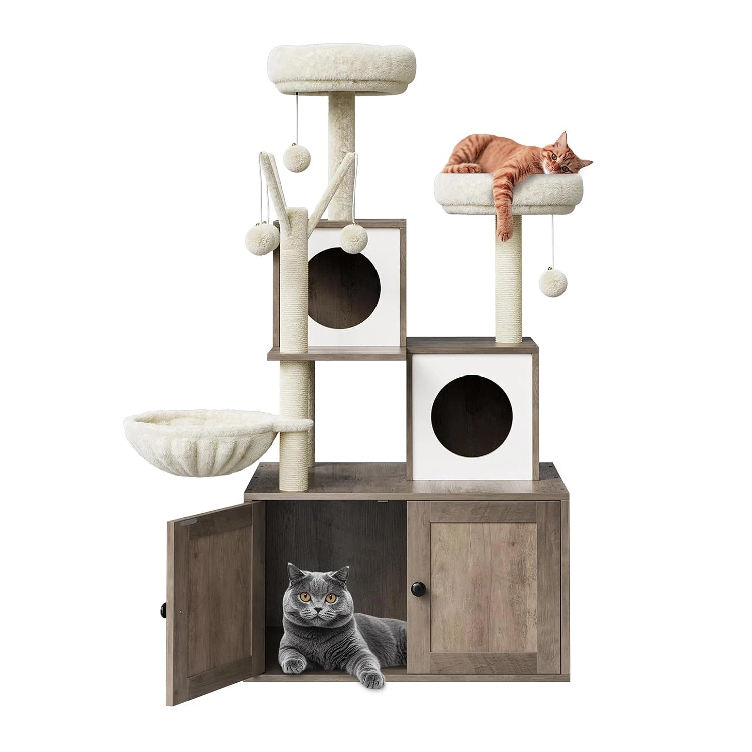 Cat Tree with Litter Box Enclosure,Cat Tower for Indoor Cats Wood Cat Condo with Scratching Post,Dangling Balls,Cat Backet Perch