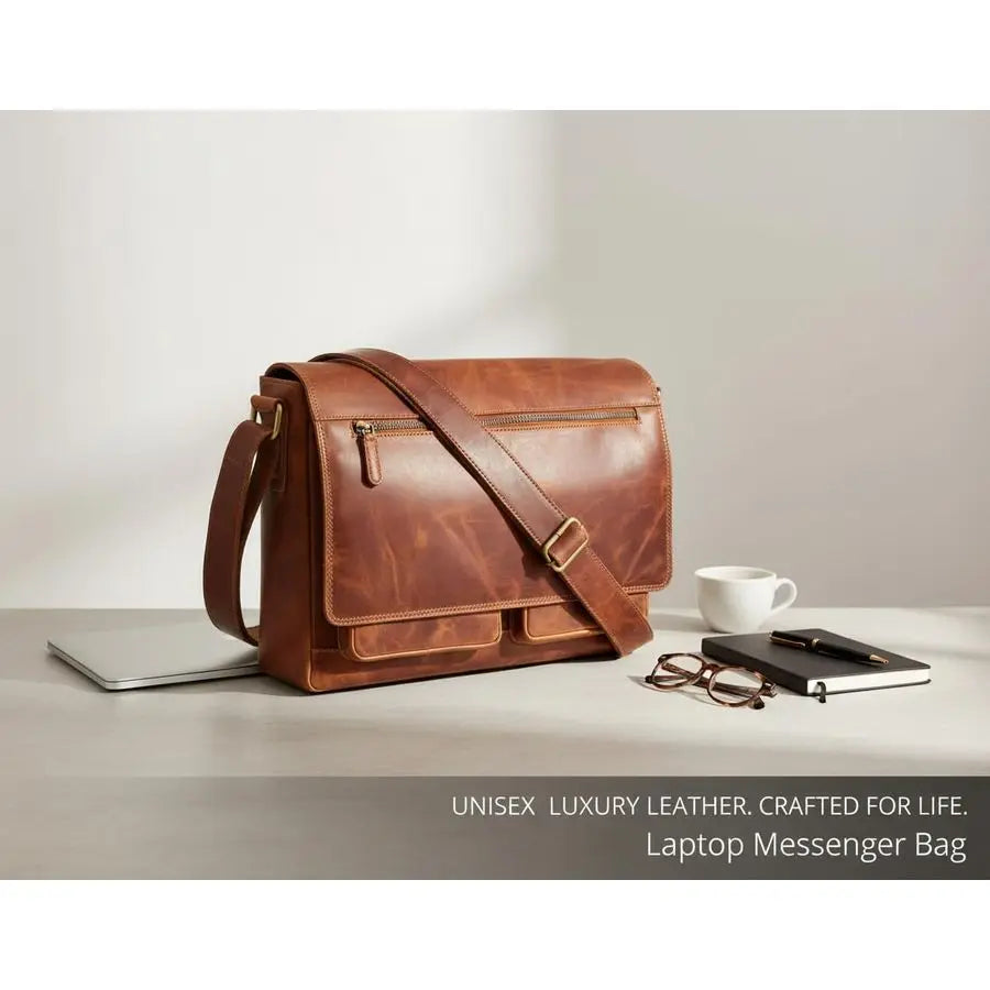 Real Genuine Leather 14 Laptop Messenger Bag Briefcase For Men amp Women