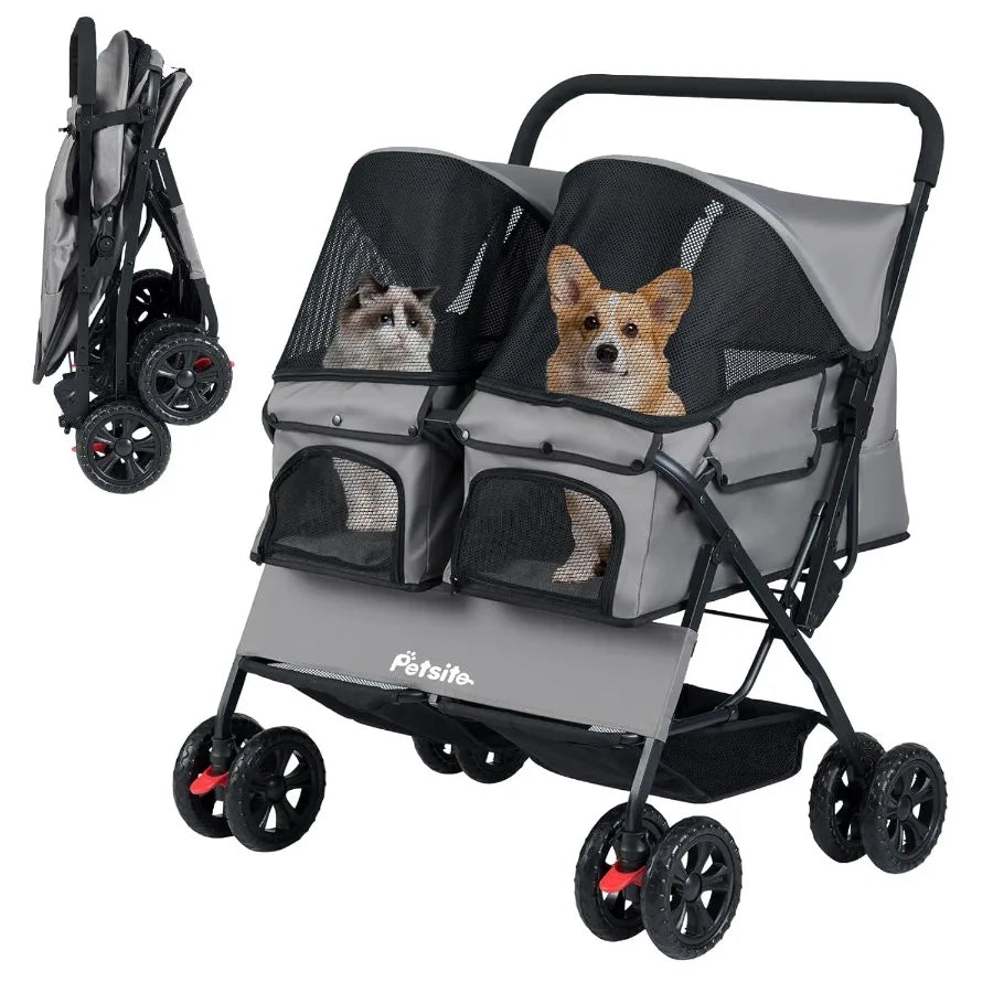 Double Pet Stroller Foldable Double Dog Stroller with 2-Seater Carrier Adjustable Sunshade Removable Pad Safety Belt Storage Ba
