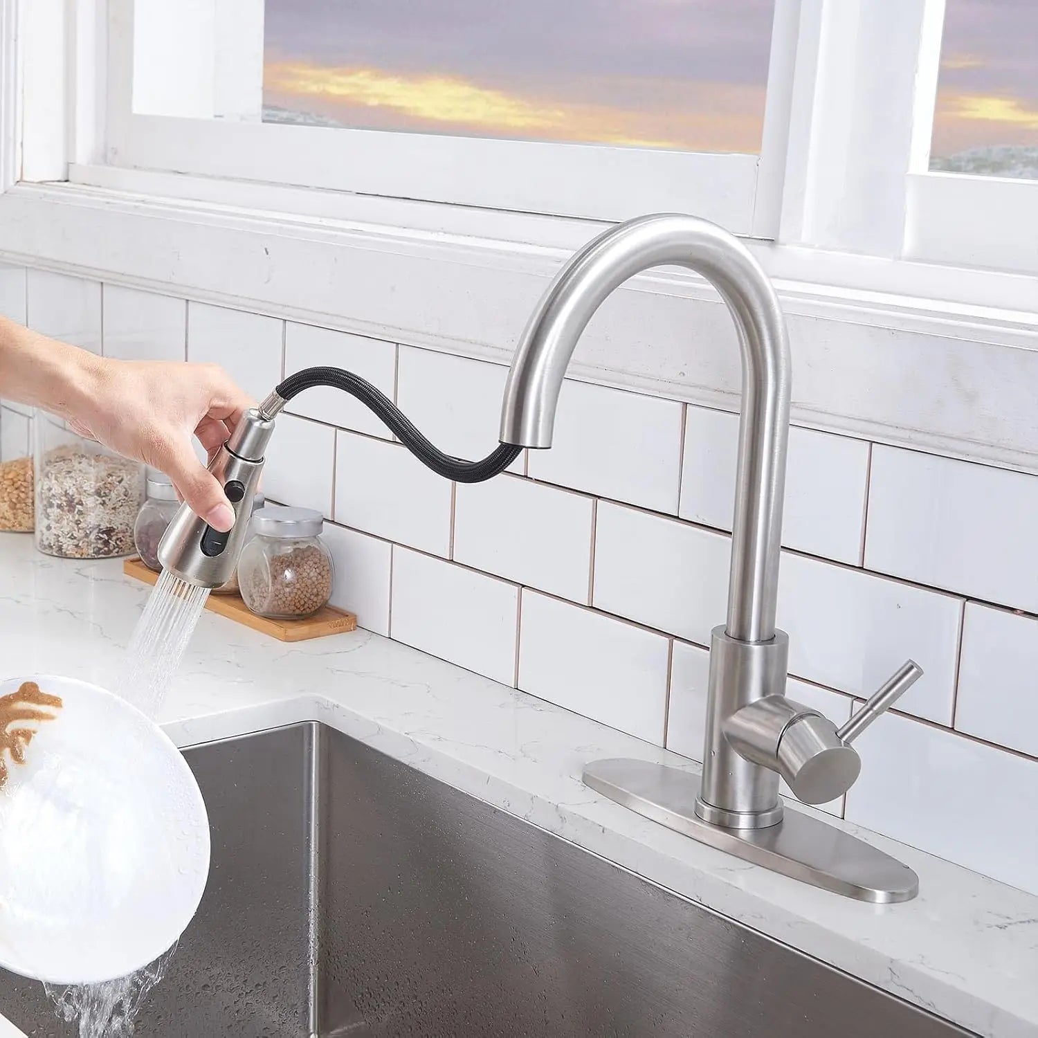VCCUCINE Brushed Nickel Pull-Down Kitchen Faucet, Single Handle, Stainless Steel, High Arc, RV Compatible