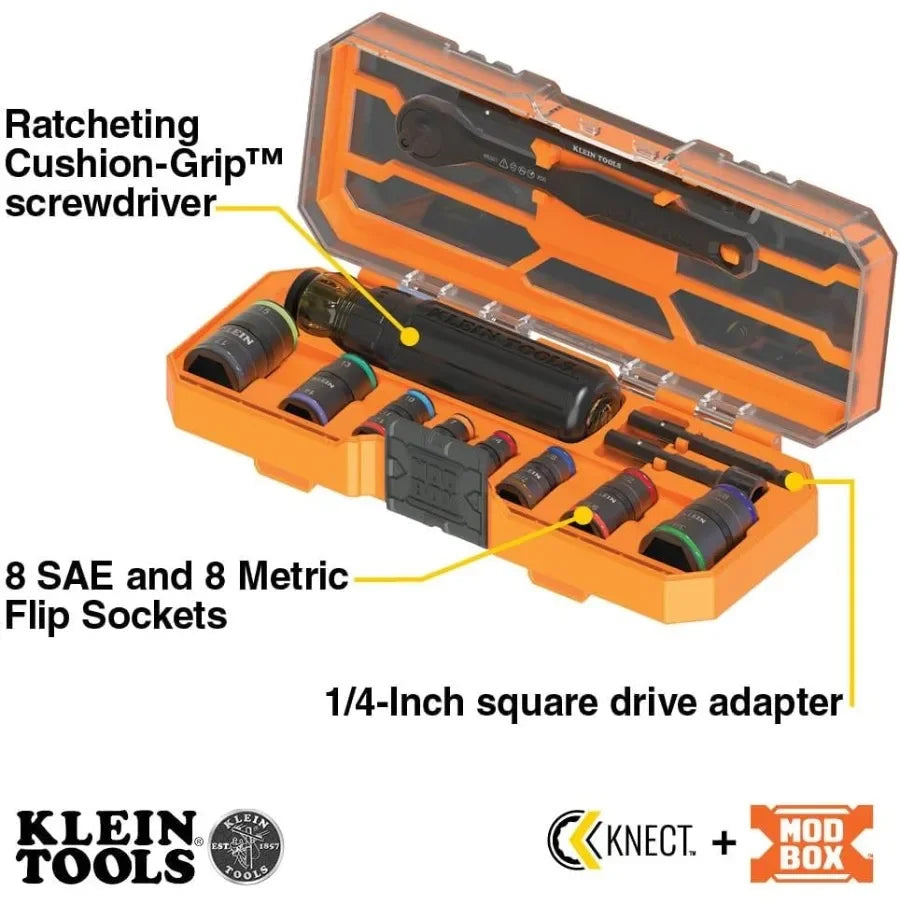 65242 KNECT Impact Socket Set Ratcheting Screwdriver Set 1/4-Inch Drive 4 SAE and 4 Metric Flip Sockets 16 Hex Size