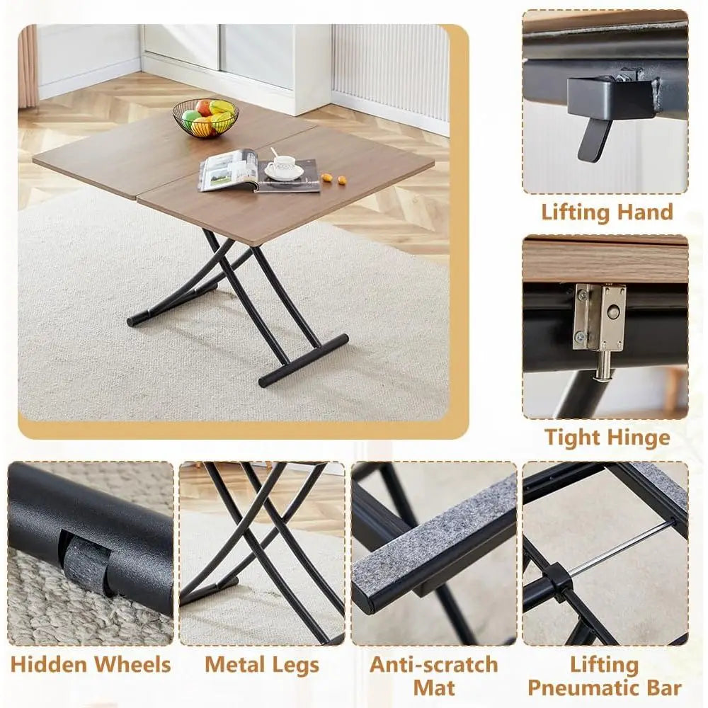 Convertible 4-in-1 Dining Table with Adjustable Height and Wheels, Suitable for Coffee to Dining Use in Apartments, Kitchens, an