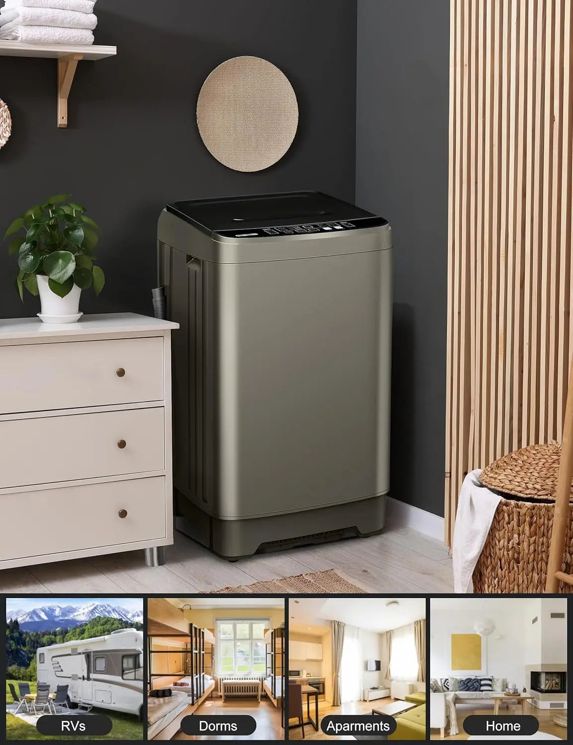 Save Energy Full Automatic Glod Washing Machine with LED Display 17.7 lbs Portable Washer Drain Pump 10 Programs&8 Water Levels