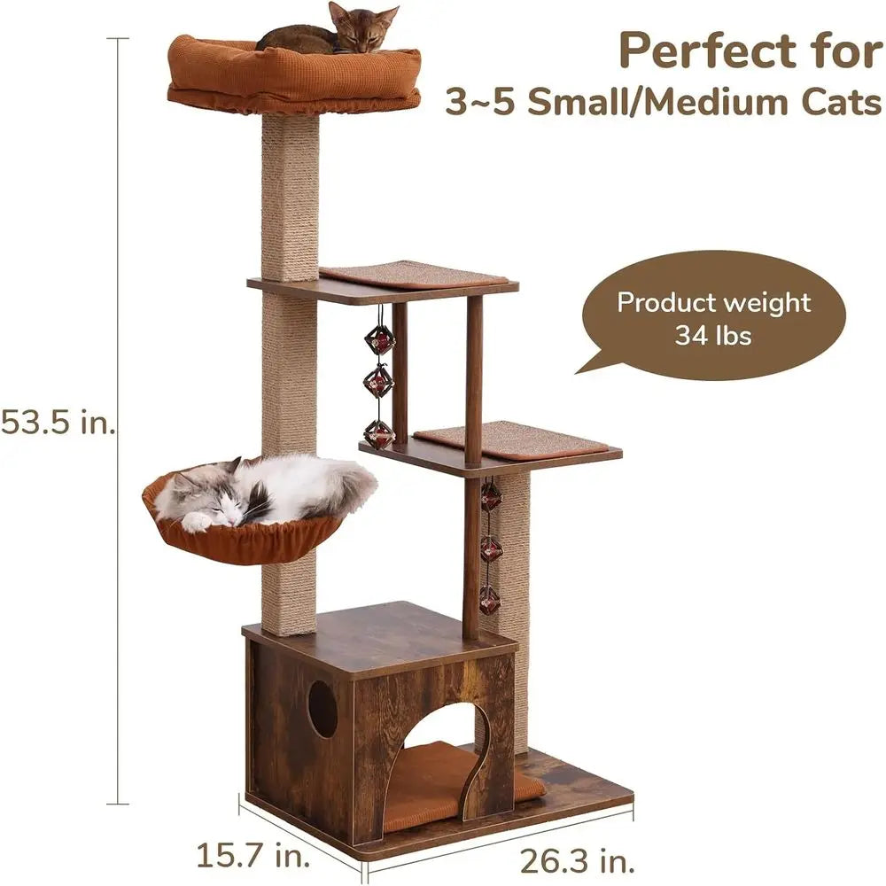 Large 4-in-1 Modern Cat Tower with Jute Scratching Post, Hammock, and Silvervine Balls, Brown Wood Cat Condo for Indoor Playhous