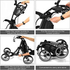 Height Adjustable Portable Golf Push Cart with Umbrella Holder Waterproof Bag Builtin Cooler Foot Brake for Easy Transport and
