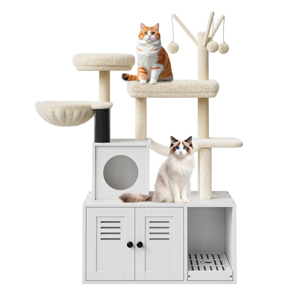 Cat Tree with Litter Box Enclosure,Cat Tower for Indoor Cats Wood Cat Condo with Scratching Post,Dangling Balls,Cat Backet Perch