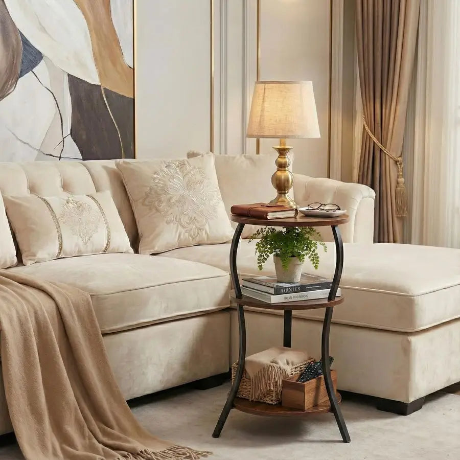 Small Round Side Table, 3Tier Slim Waist Circular End Table with Storage Shelf, Compact Tea Sofa Table, Round Corner Coffee Tabl