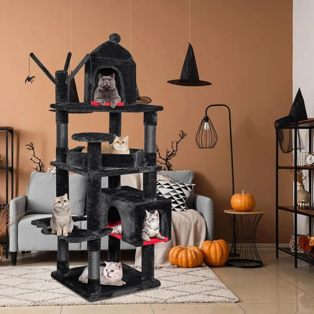 Large 63 Gothic-Style Cat Tower with Coffin Bed, Cat Houses, Scratching Posts for Cats Over 20 lbs, Black & Red