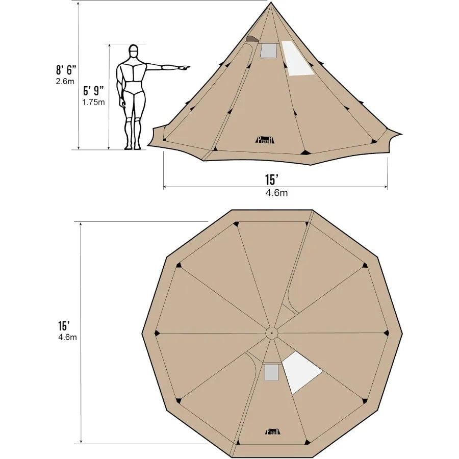 4~6 Person Tipi Hot Tent T3 XL with Screen Window Hght 8' 6" 2.6m Diameter 15' 4.6m for Wood Buring Stove Bushcraft Family Camp