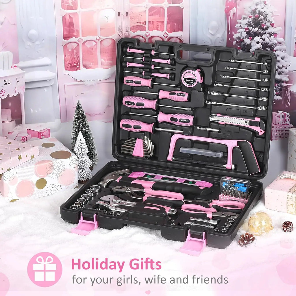 198-Piece Pink Tool Set with Toolbox, SAE Hand Tool Kit for DIY & Home Repair