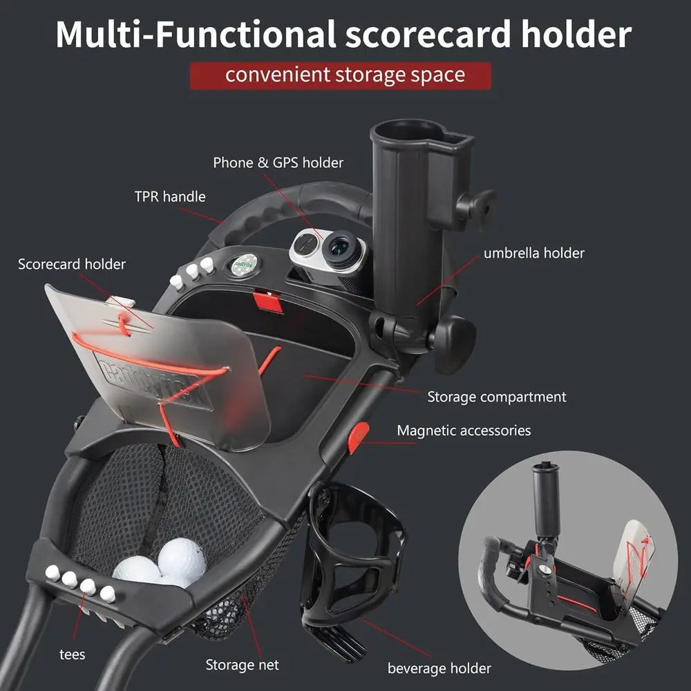 15.3 Lightweight Foldable Golf Push Cart with EVA Wheels, Foot Brake, Adjustable Handle, Umbrella and Drink Holders, Scorecard S