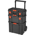 Tool Box Stackable Storage System - 3 Piece Set Small Deep Toolbox and Rolling Tote Steer Wheeled Unit Using The Ergonomic