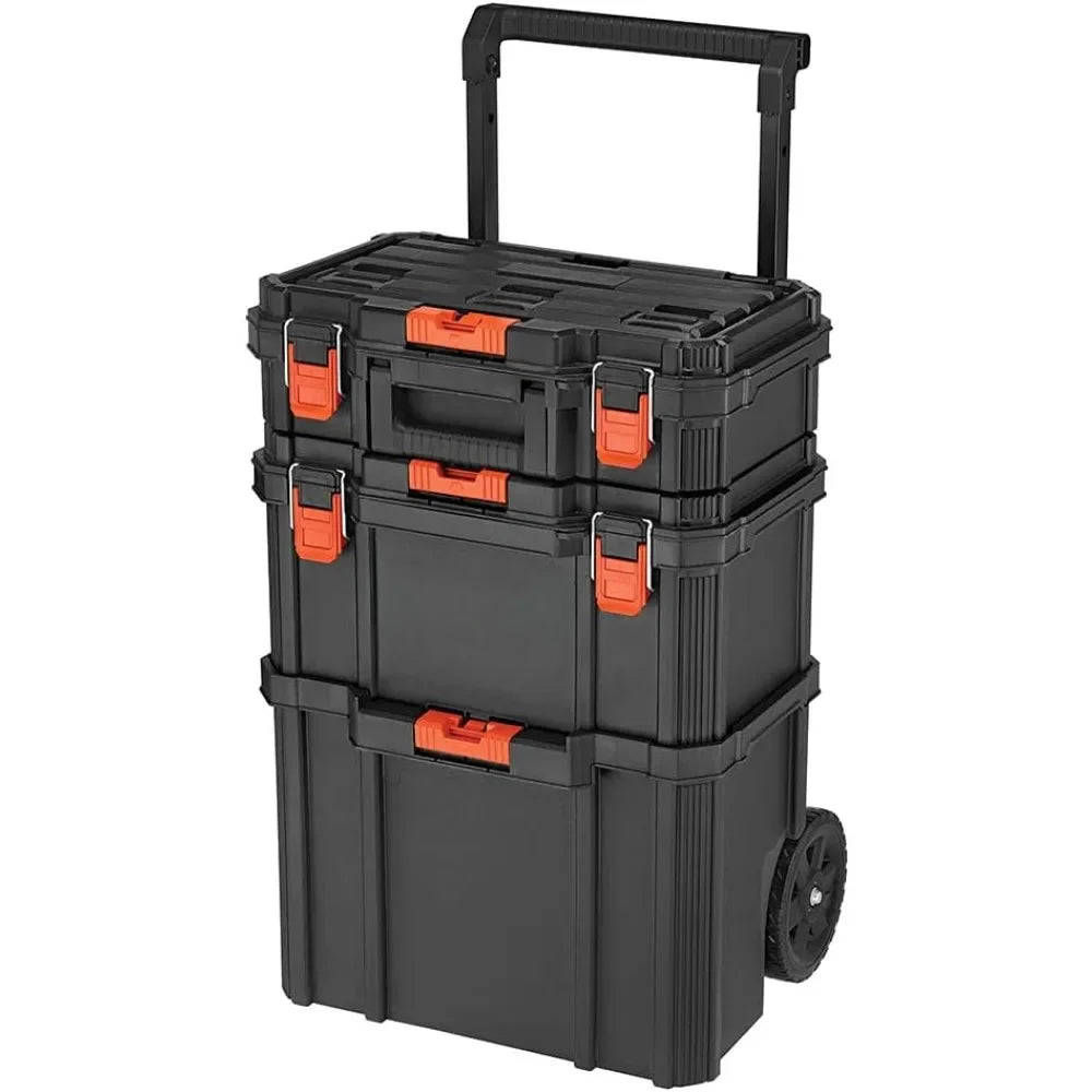 Tool Box Stackable Storage System - 3 Piece Set Small Deep Toolbox and Rolling Tote Steer Wheeled Unit Using The Ergonomic