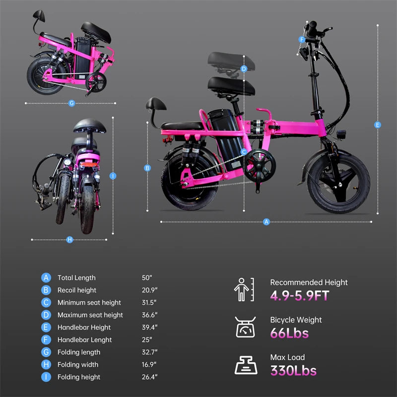 Adult Folding Electric Bike 25 MPH 48V 20Ah Removable Battery Commuting Folding Ebike for Adult Teens with Two Seats