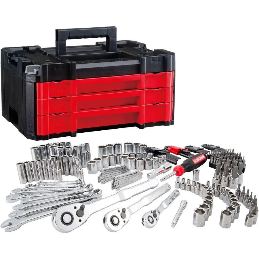 230 Pcs Mechanics Tool Set Socket Wrench Set Car Tool Kit with VERSASTACK Toolbox SAE and Metric 1/4 in 3/8 in and 1/