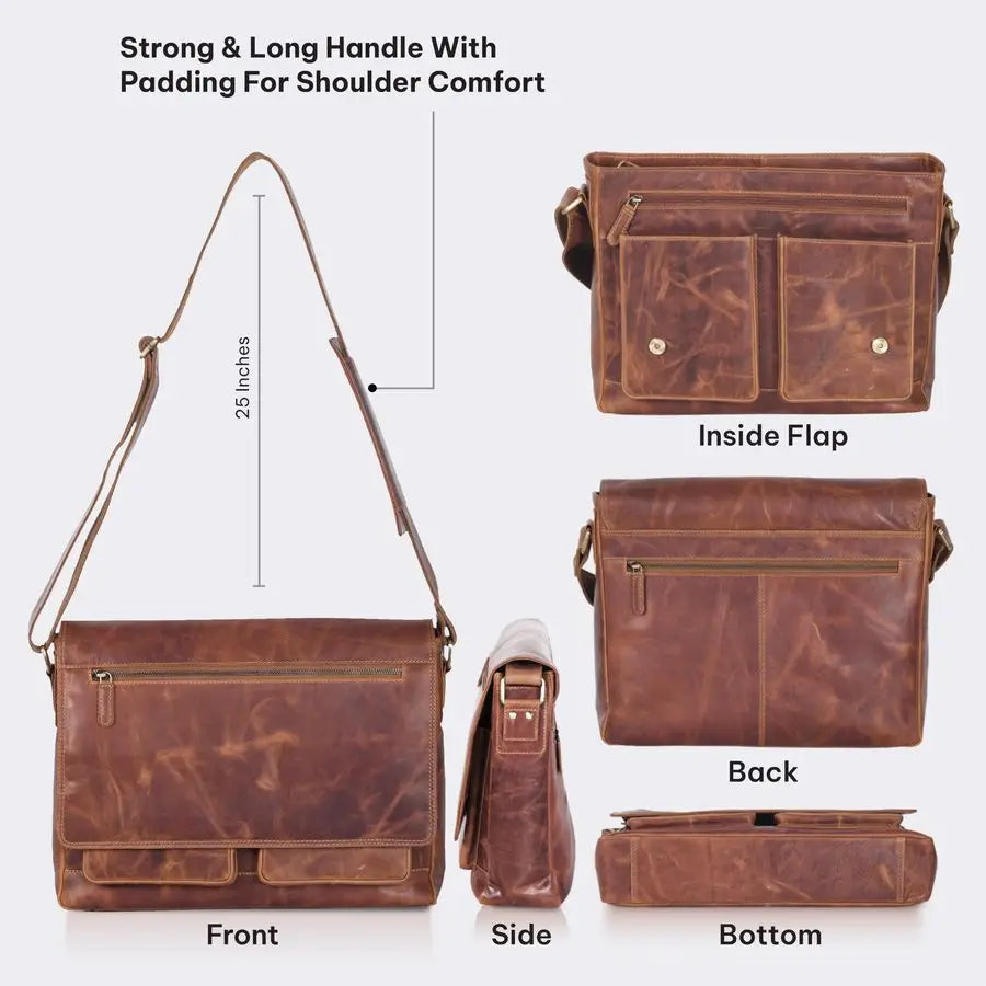 Real Genuine Leather 14 Laptop Messenger Bag Briefcase For Men amp Women