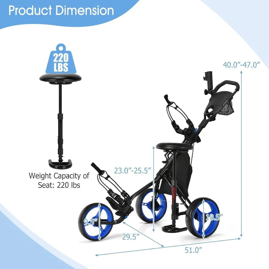 Foldable Golf Push Cart in Navy Blue with Sturdy Steel Frame for Easy Transport and Storage Adjustable Height Handlebar for Com