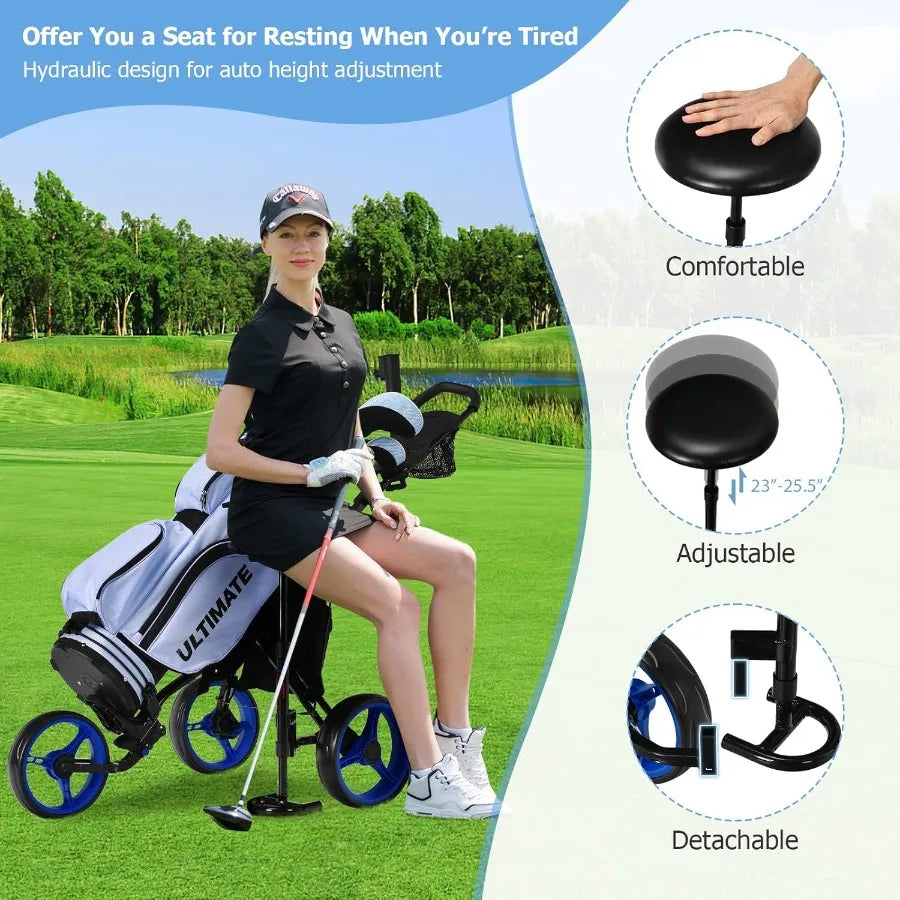 Foldable Golf Push Cart in Navy Blue with Sturdy Steel Frame for Easy Transport and Storage Adjustable Height Handlebar for Com