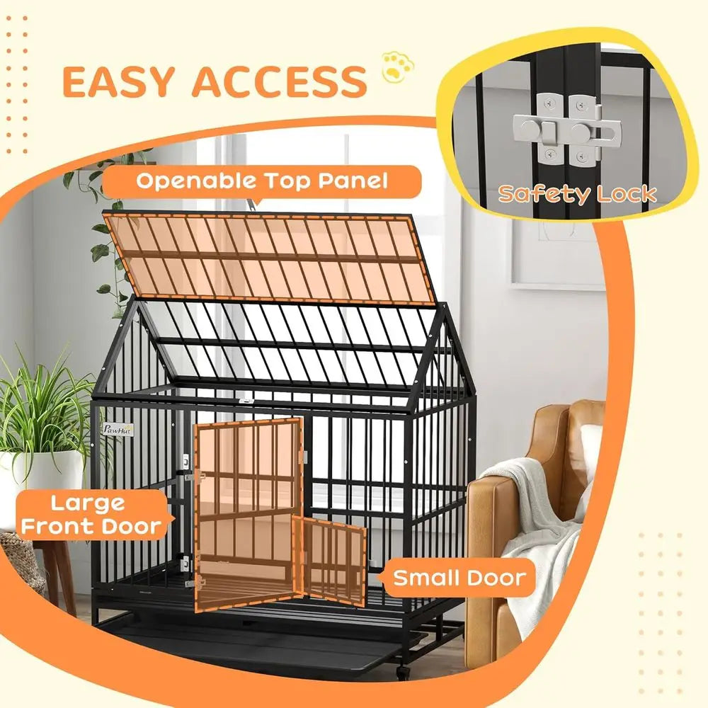 48 Inch Heavy-Duty Steel Dog Crate with Lockable Wheels, Removable Tray, and Double Doors for Large Breeds