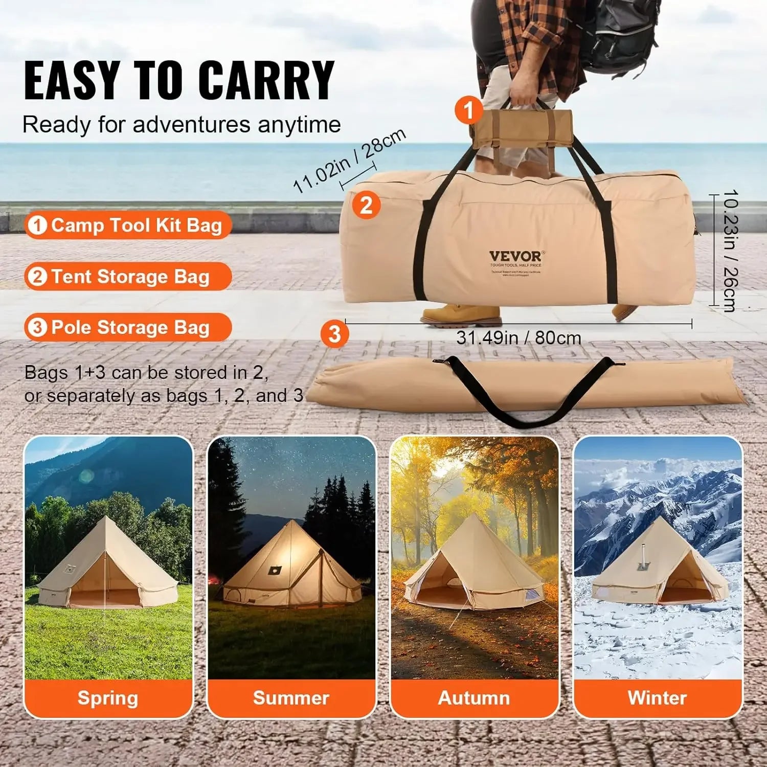 Canvas Tent Bell, Yurt 4 Seasons for Camping with Stove Jack, Breathable Holds up to 4 People, Family Camping Outdoor Hunting