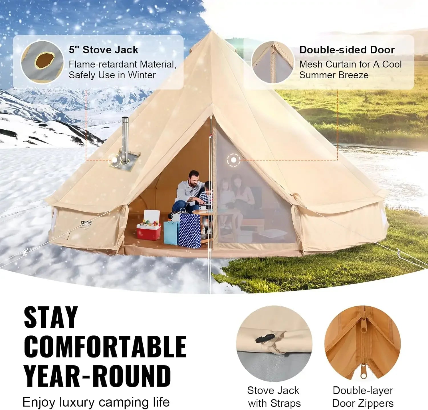 Canvas Tent Bell, Yurt 4 Seasons for Camping with Stove Jack, Breathable Holds up to 4 People, Family Camping Outdoor Hunting