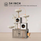 Cat Tree with Litter Box Enclosure,Cat Tower for Indoor Cats Wood Cat Condo with Scratching Post,Dangling Balls,Cat Backet Perch